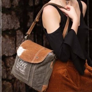 Myra Duchess Hairon Handtooled Flap and Button Leather Satchel in Mocha Cream